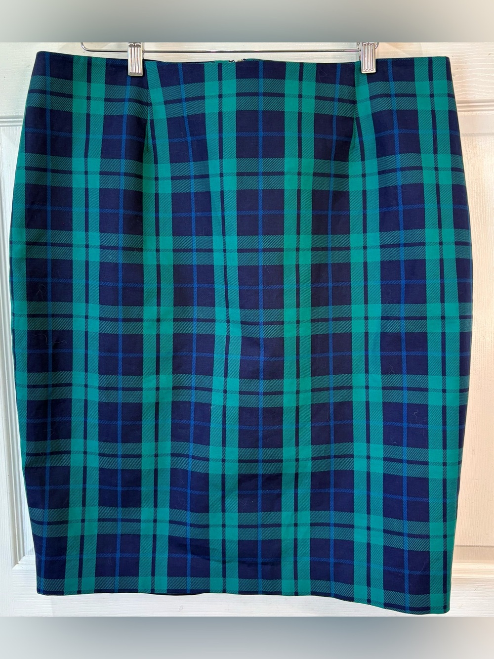 Vintage Lord & Taylor Blue Green Plaid Cotton Pencil Skirt 14W